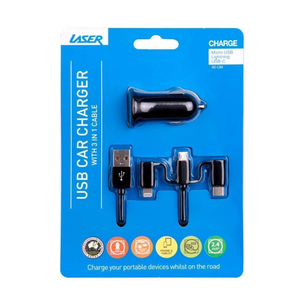 Laser 2.4A Car Charger 3-in-1 Charging Cable Black