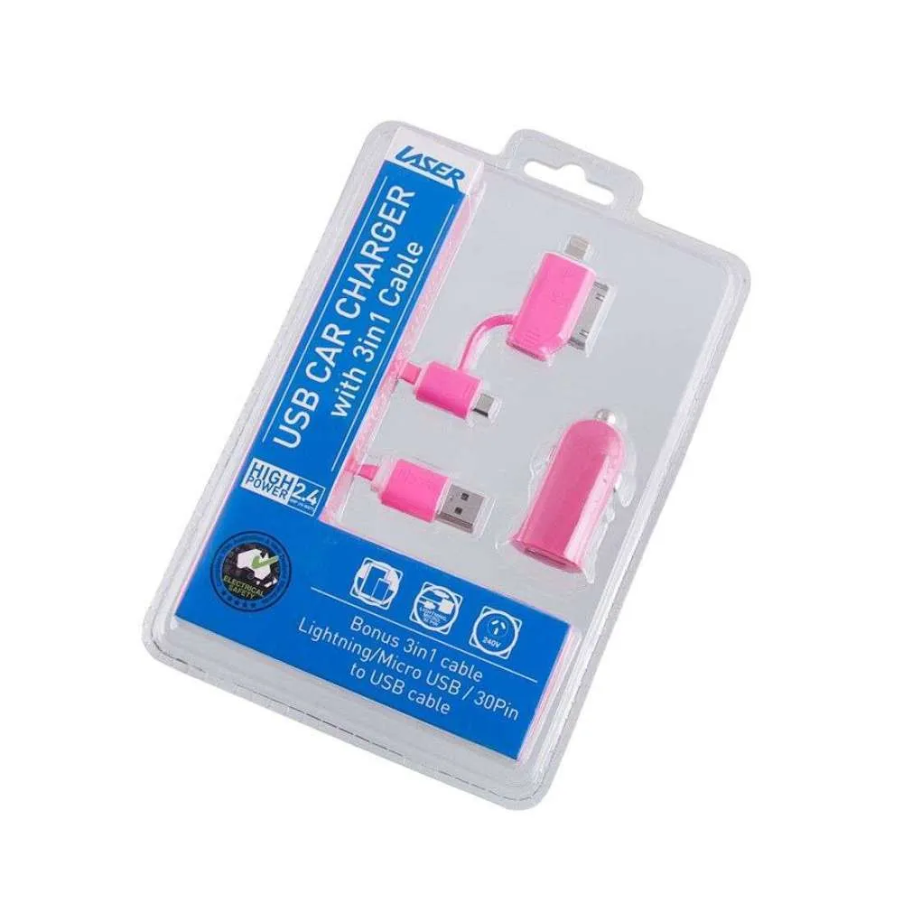 Laser 2.4A Car Charger 3-in-1 Charging Cable Pink