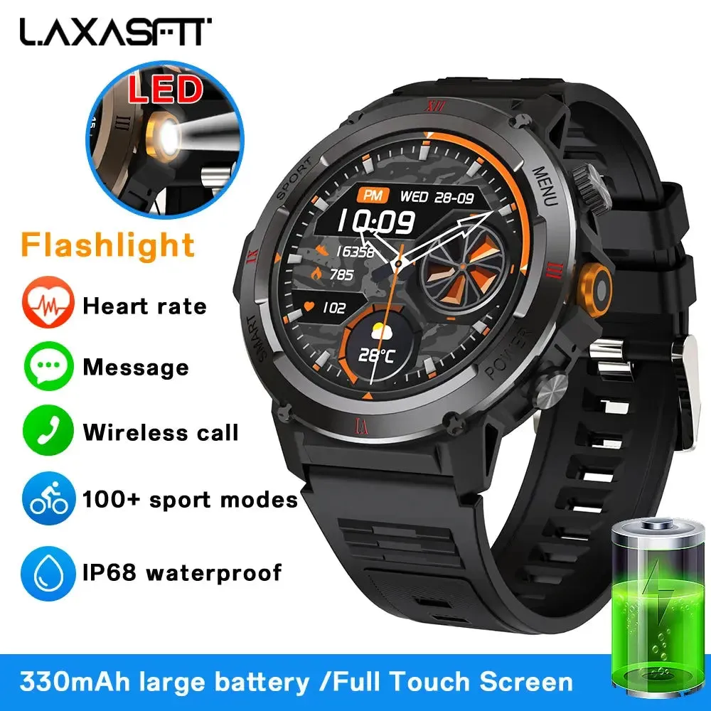 LAXASFIT New Military Grade Men's Smart Watch Bluetooth Talk Full Touch Screen with LED Flashlight Outdoor Sports Smart Watch