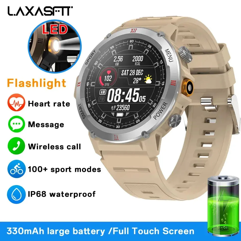 LAXASFIT New Military Grade Men's Smart Watch Bluetooth Talk Full Touch Screen with LED Flashlight Outdoor Sports Smart Watch