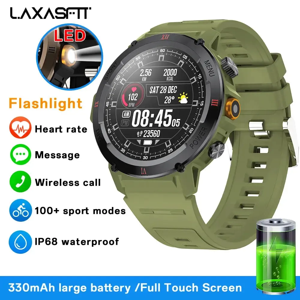 LAXASFIT New Military Grade Men's Smart Watch Bluetooth Talk Full Touch Screen with LED Flashlight Outdoor Sports Smart Watch