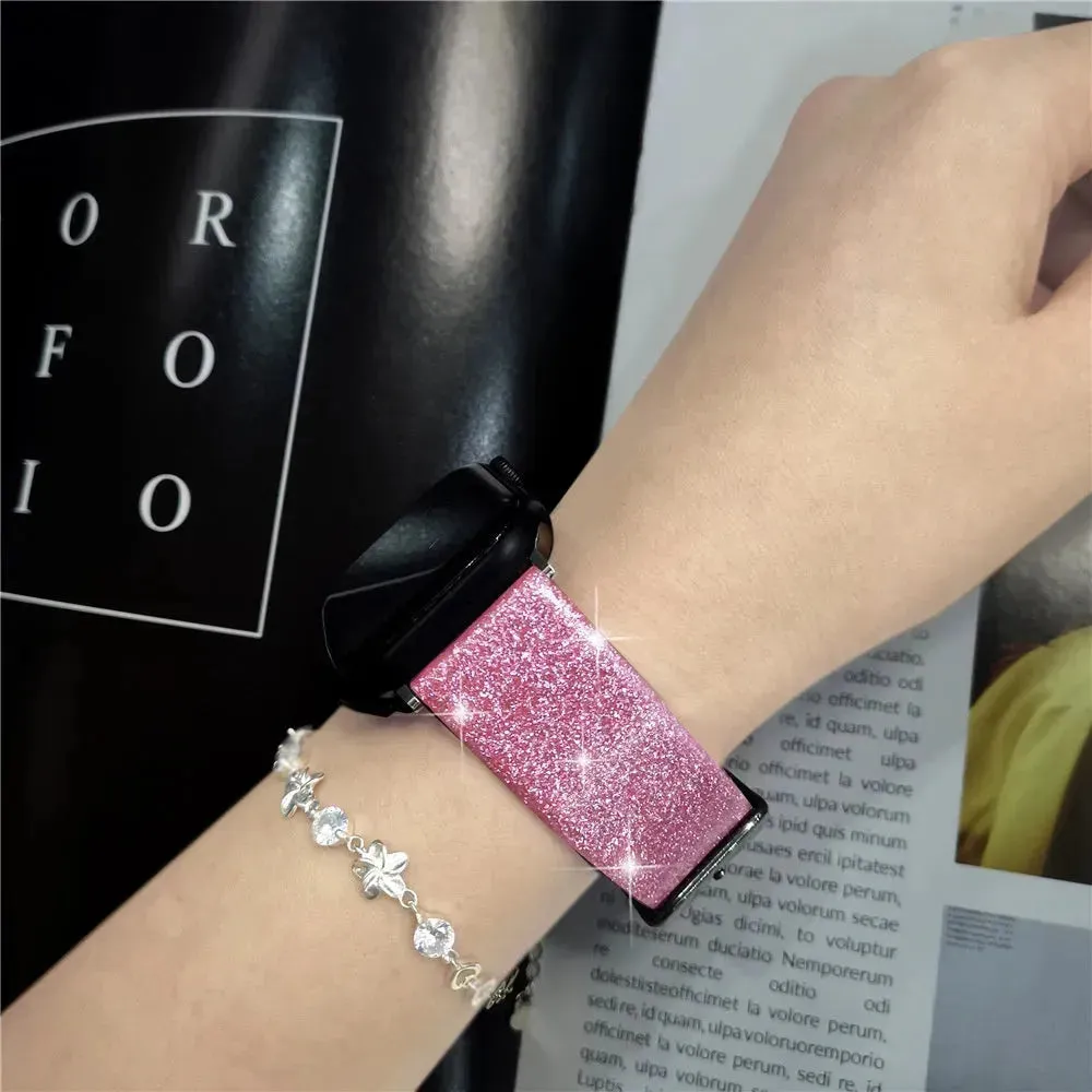 Leather Single Ring Glitter Buckle Couple Watch Strap Suitable for Apple Watch