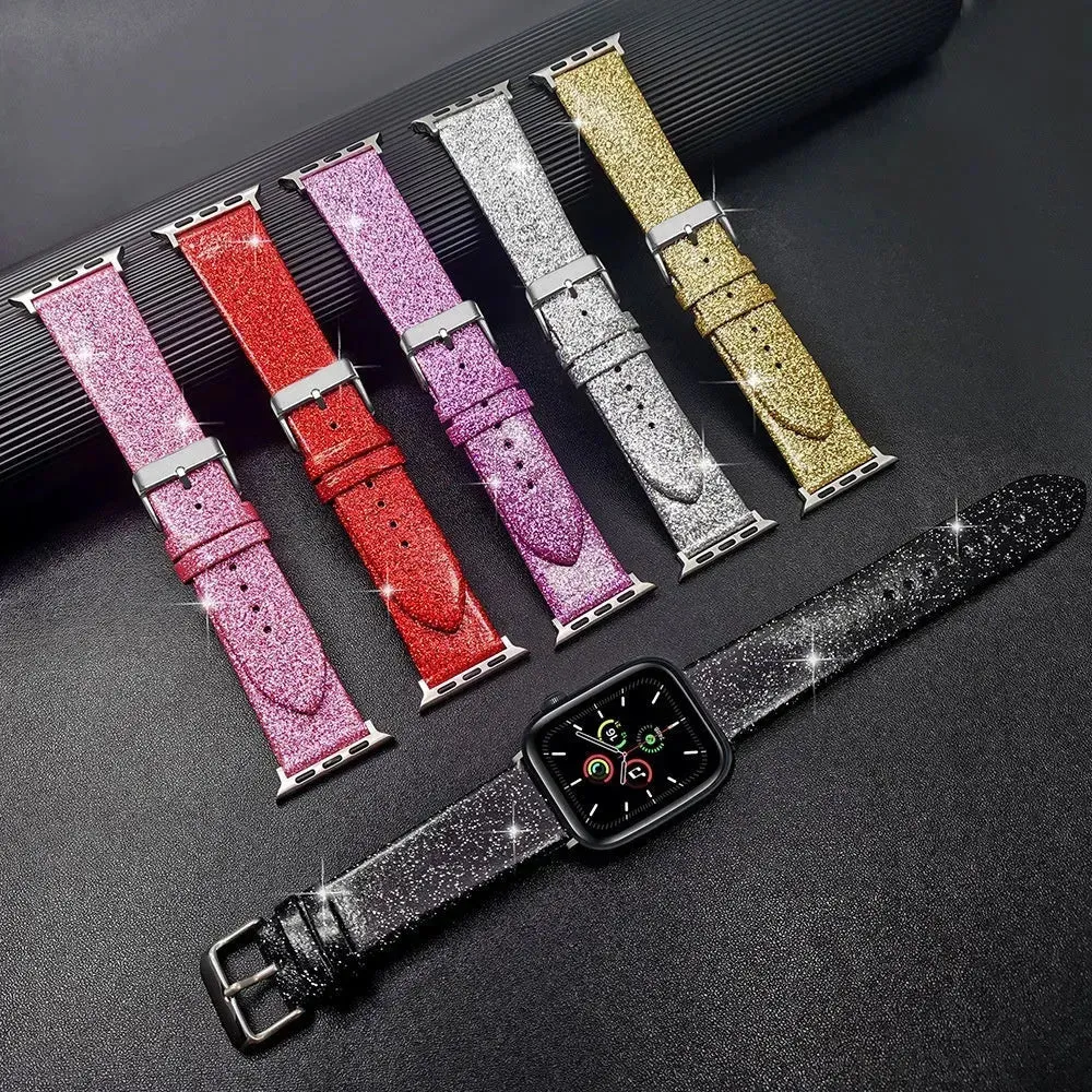 Leather Single Ring Glitter Buckle Couple Watch Strap Suitable for Apple Watch