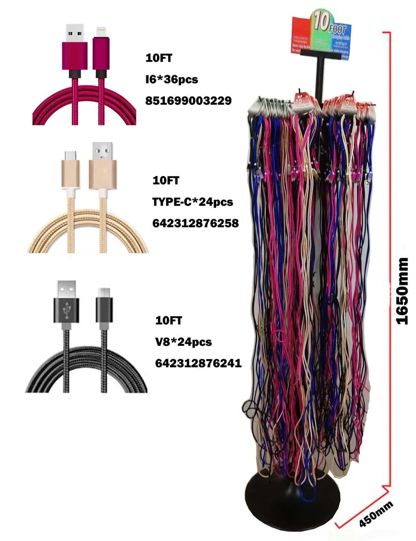 LONG 9 FOOT IPHONE 5-11 BRAIDED CLOTH CHARGER CORD ( sold by the piece )