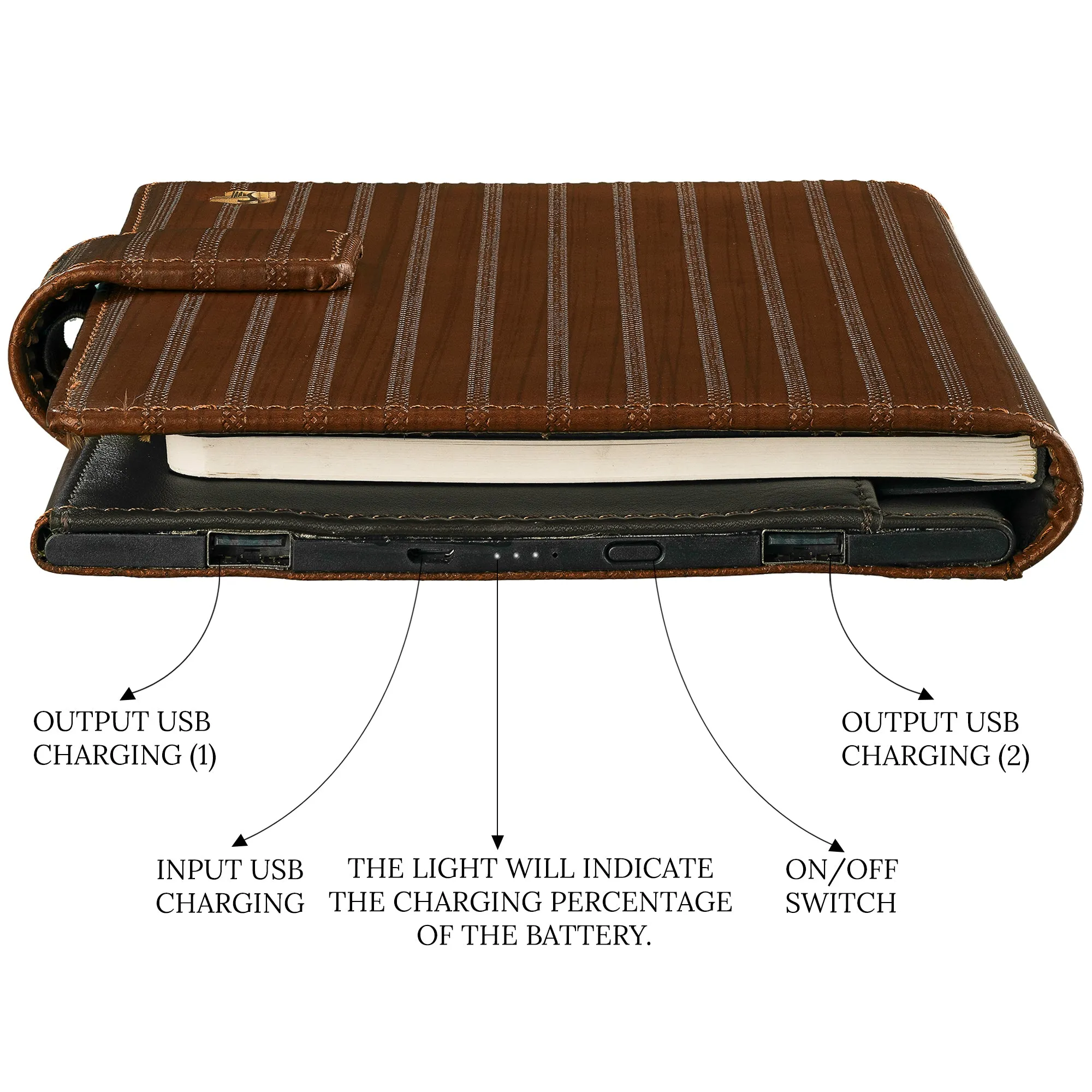 LT Smart Leather Notebook with Power Bank (5000 mAh) | Diary with Power Bank | Color: Italian VT Stripe Brown