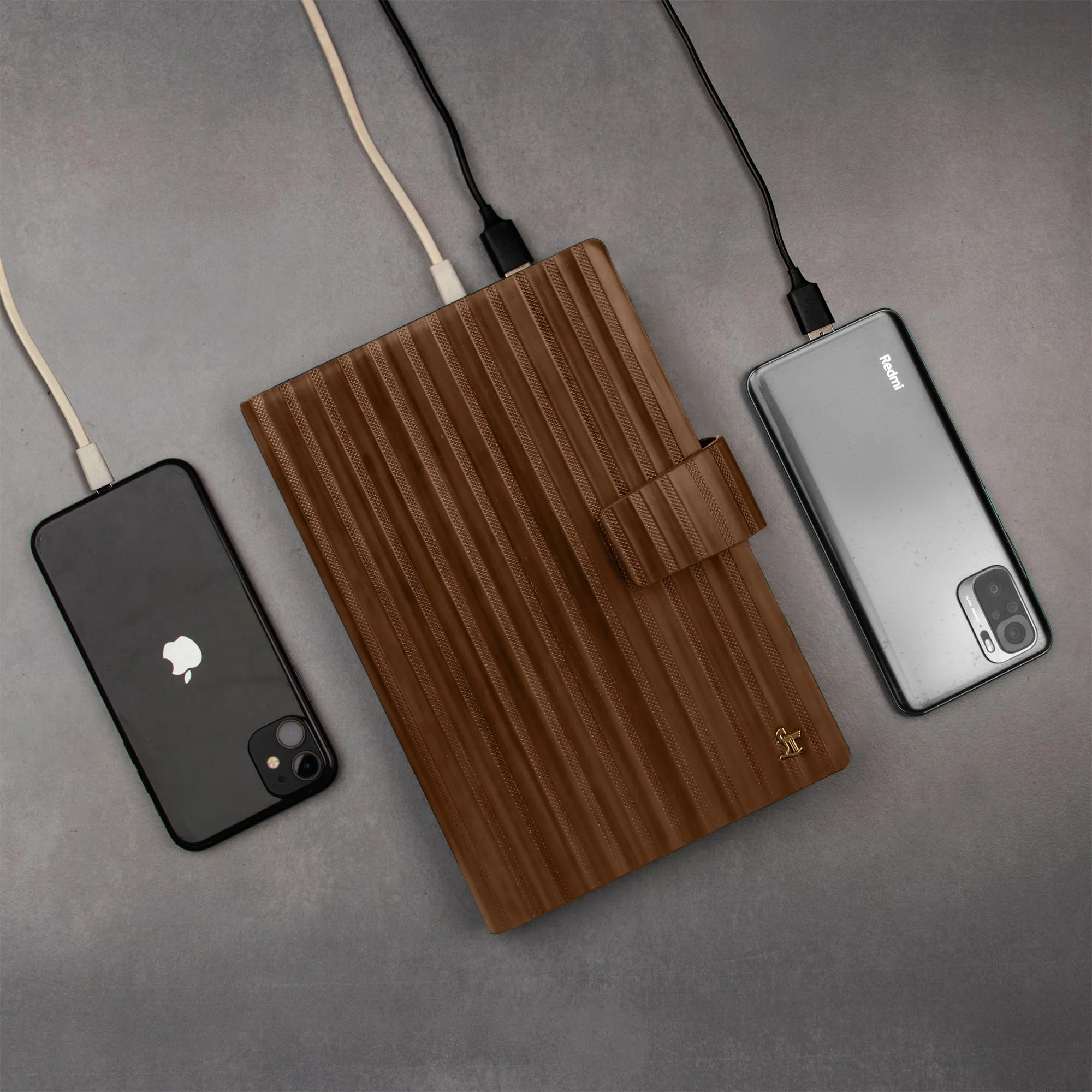 LT Smart Leather Notebook with Power Bank (5000 mAh) | Diary with Power Bank | Color: Italian VT Stripe Brown