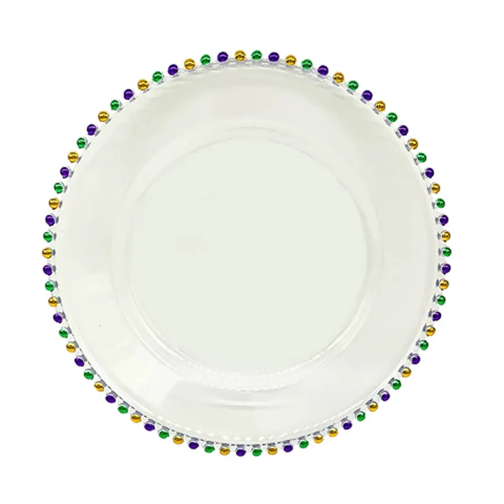 Mardi Gras Charger Plate Clear Beaded Purple, Green and Gold 12.5"