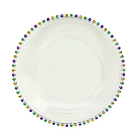 Mardi Gras Charger Plate Clear Beaded Purple, Green and Gold 12.5"