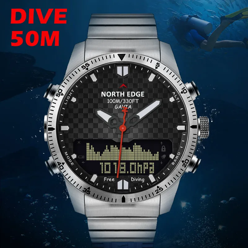 Men Dive Sports Digital watch Mens Watches Military Army Luxury Full Steel Business Waterproof 100m Altimeter Compass NORTH EDGE