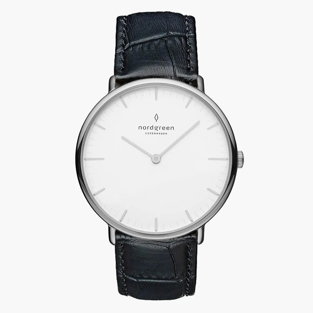 Native | White Dial - Black Croc Leather