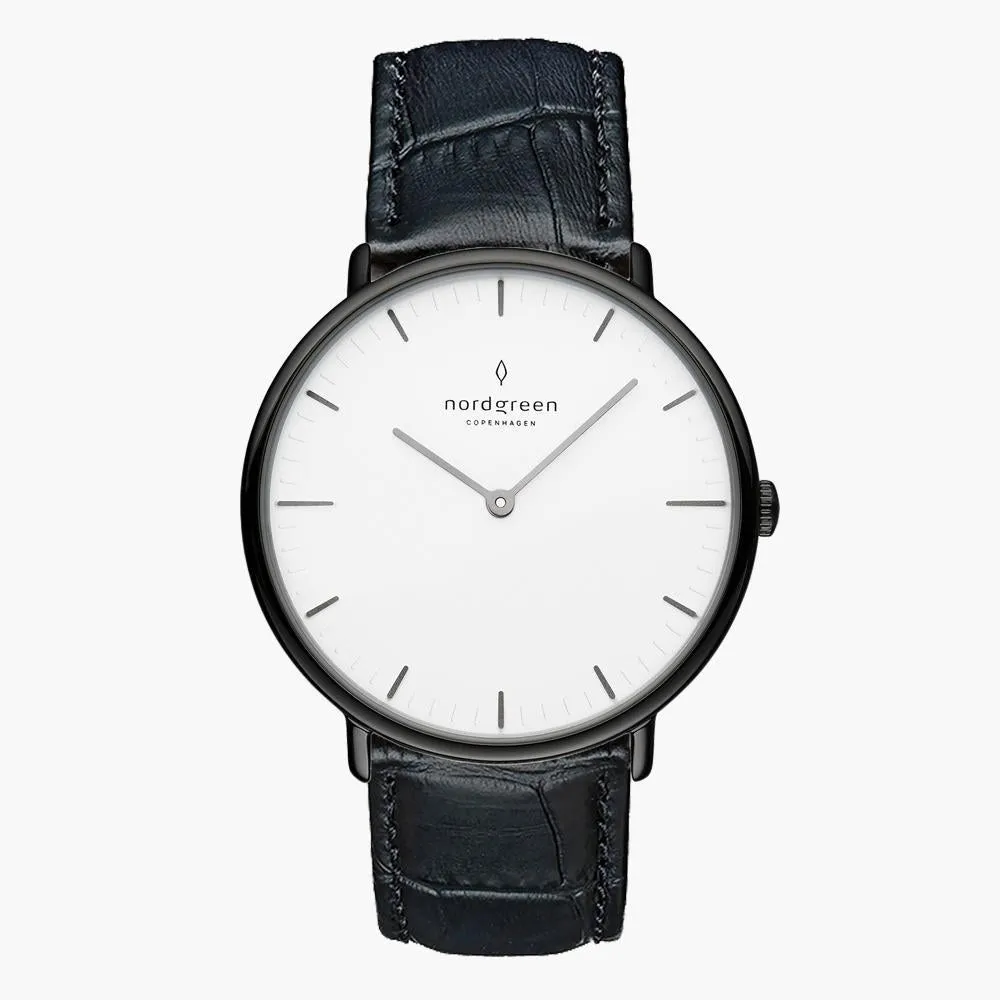 Native | White Dial - Black Croc Leather