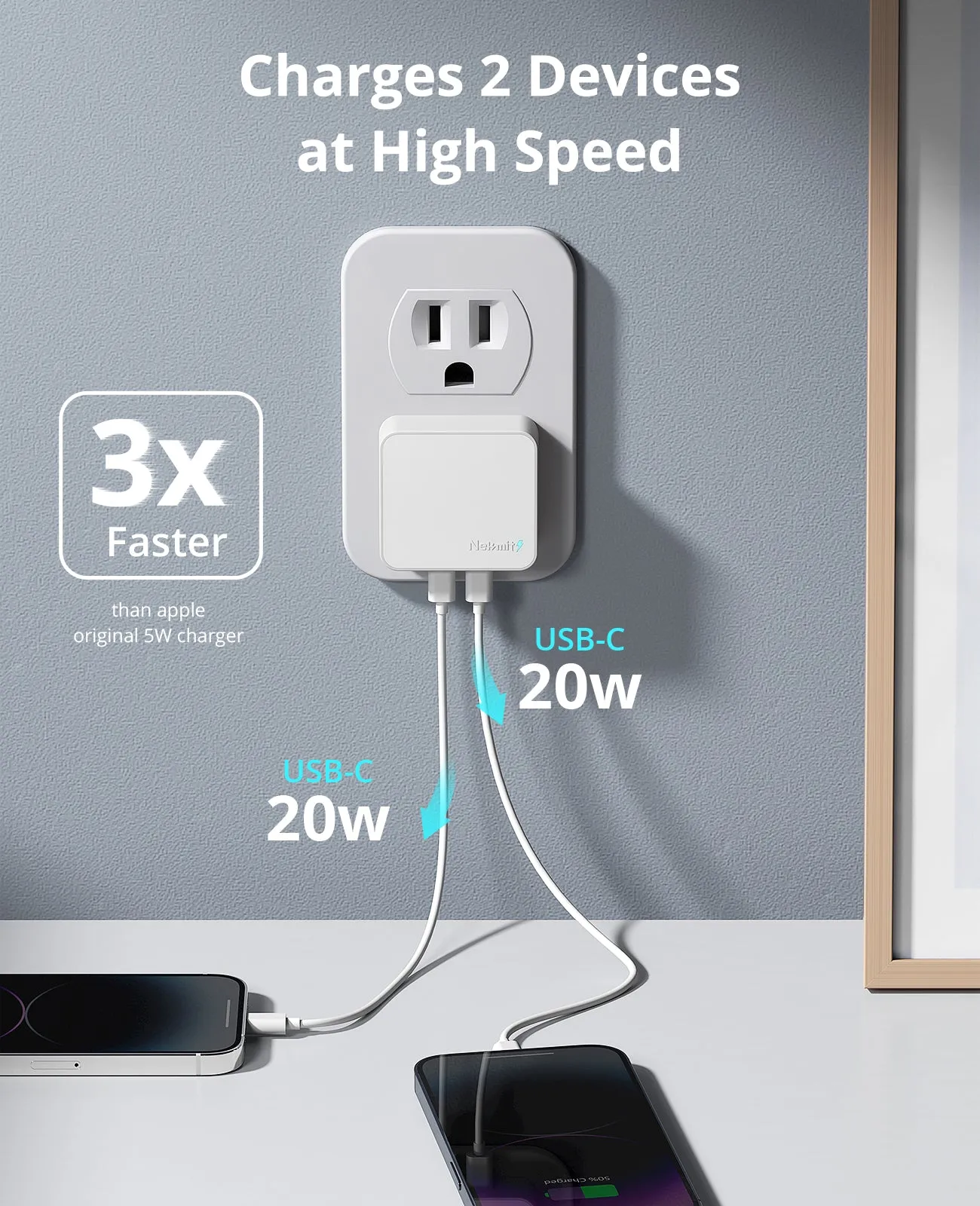 Nekmit 40W Dual Port USB-C Wall Charger With PD Fast Charging