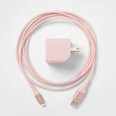 New - heyday 2-Port Wall Charger 15W USB-C & 5W USB-A (with 6' Lightning to USB-A Cable) - Pink/Rose Gold