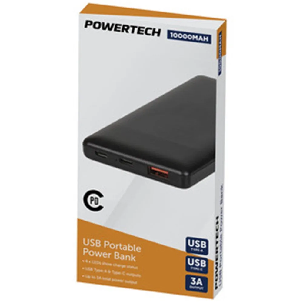 Powertech MB3810 Compact 10,000mAh Power Bank with High Output USB-C and QC 3.0 USB-A Port - Black