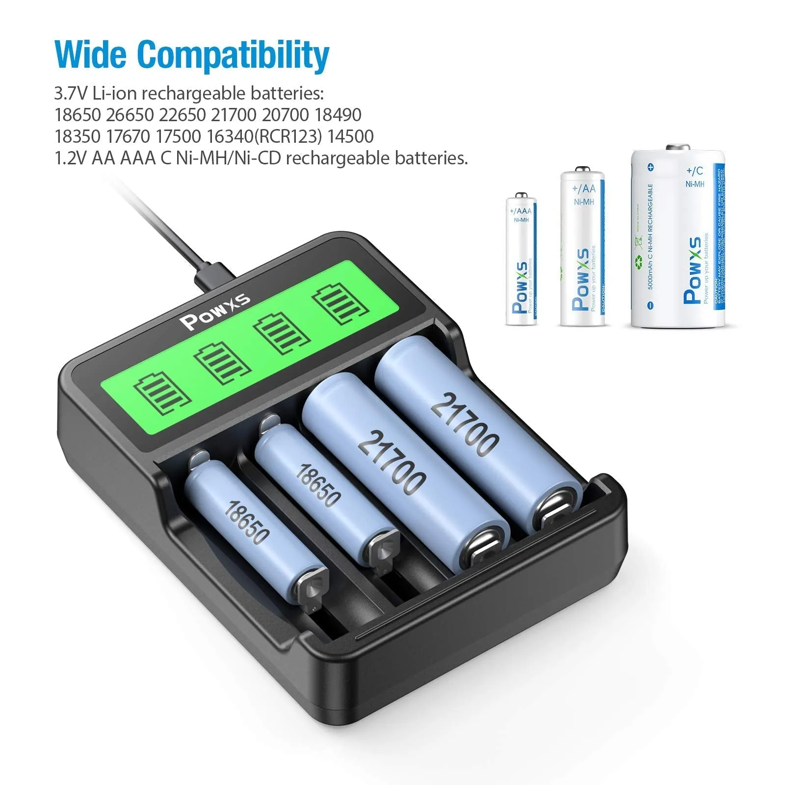 POWXS SW-4P Battery Charger with EBL 26650 Li-ion Batteries