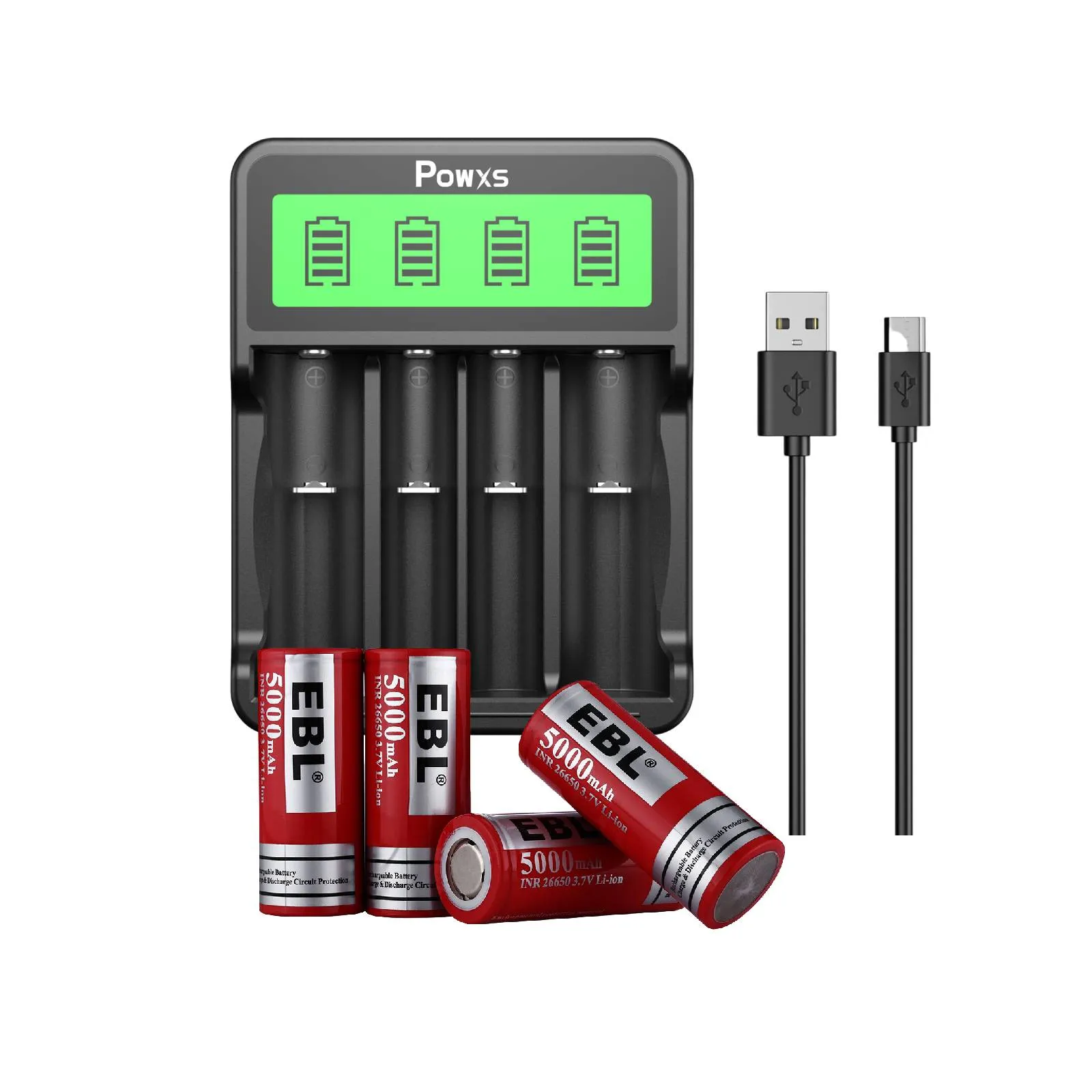 POWXS SW-4P Battery Charger with EBL 26650 Li-ion Batteries