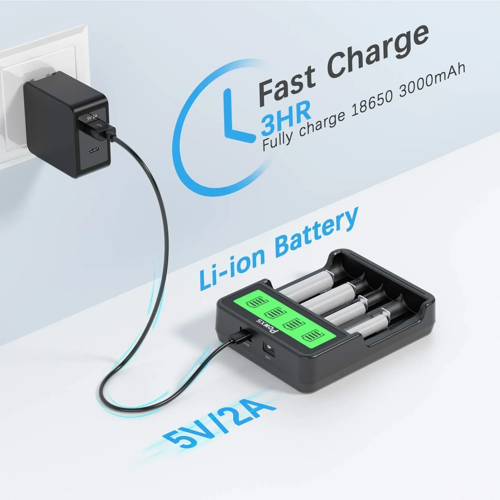 POWXS SW-4P Battery Charger with EBL 26650 Li-ion Batteries