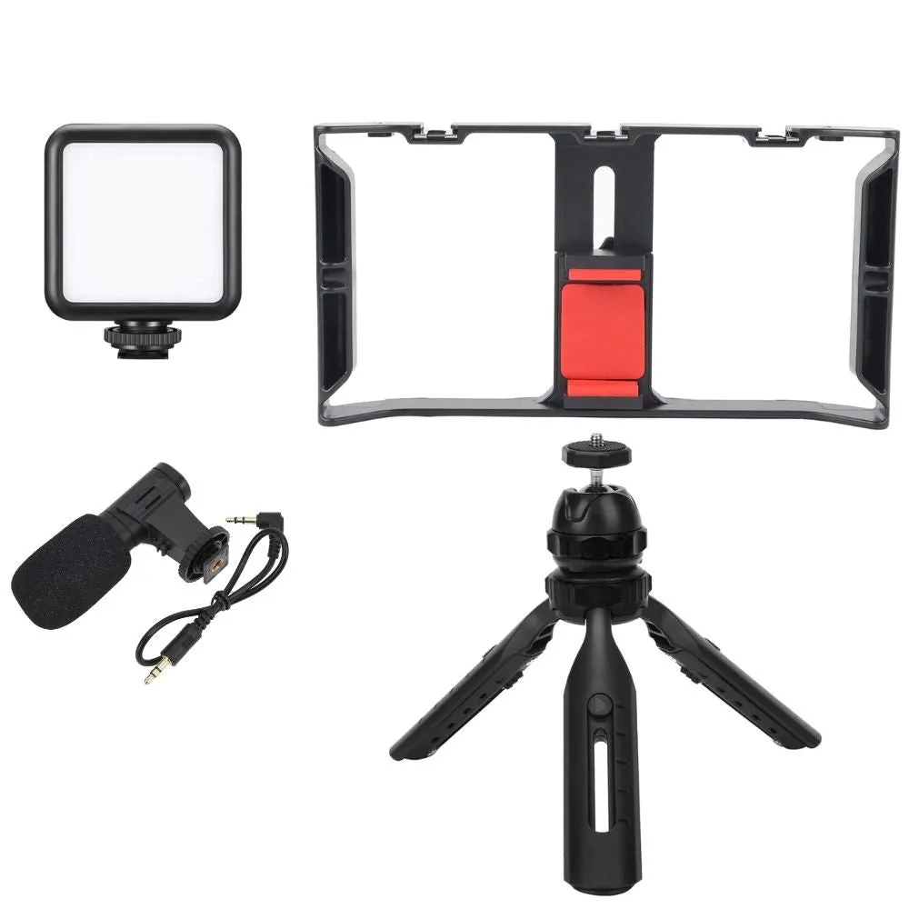 Pxel Smartphone Video Kit with Extendable Table Top Tripod, Mini Microphone, Adjustable Mini LED Light, Mobile Phone Cage, 1/4" Threading & 3 Cold Shoe Mount for Landscape and Portrait Vlogging | AA-VG4 | AA-VG3