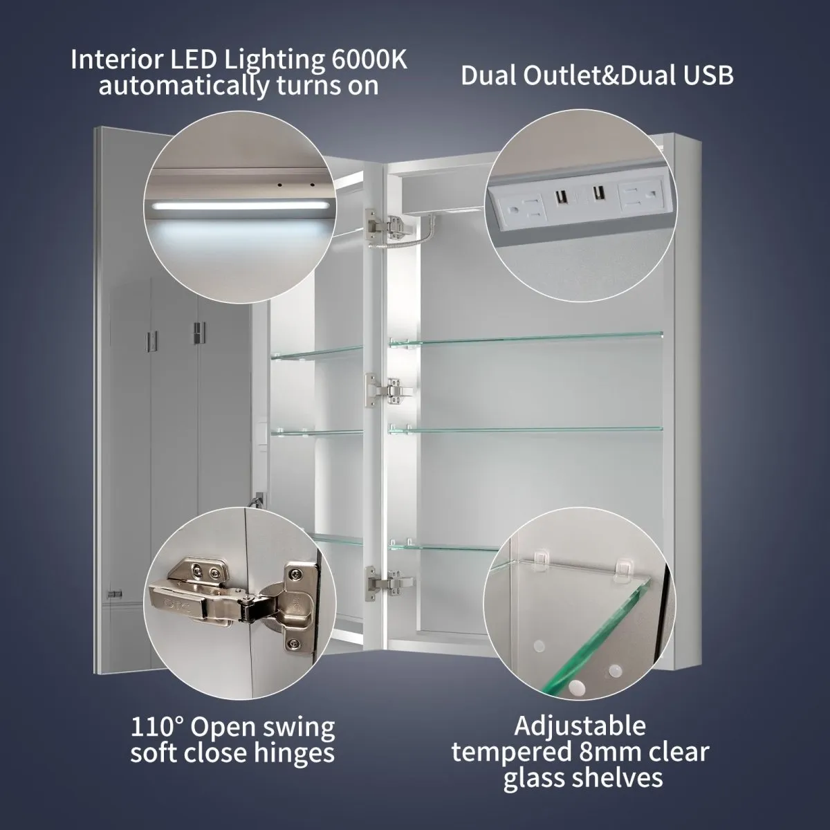 Rim 24" W x 36" H LED Lighted Medicine Cabinet Recessed or Surface with Mirrors, Hinge On The Left