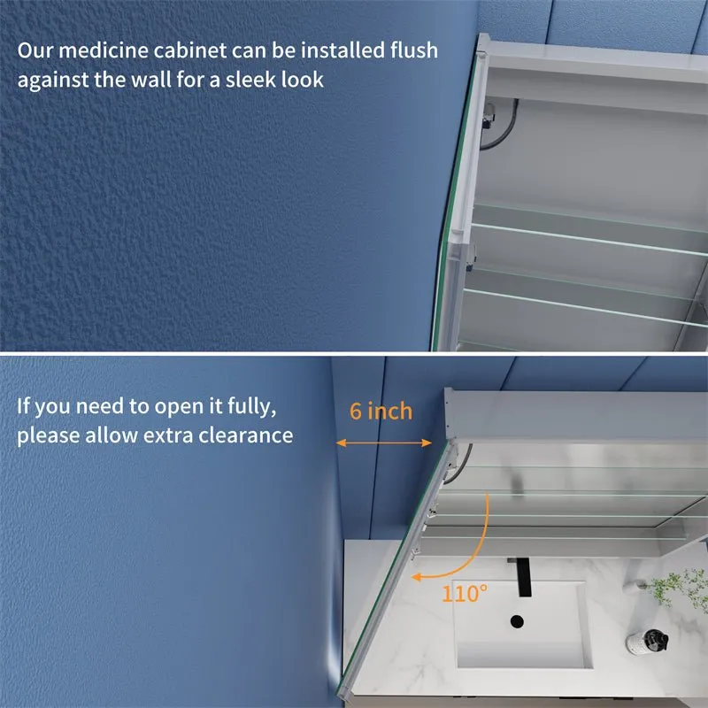 Rim 24" W x 36" H LED Lighted Medicine Cabinet Recessed or Surface with Mirrors, Hinge On The Left