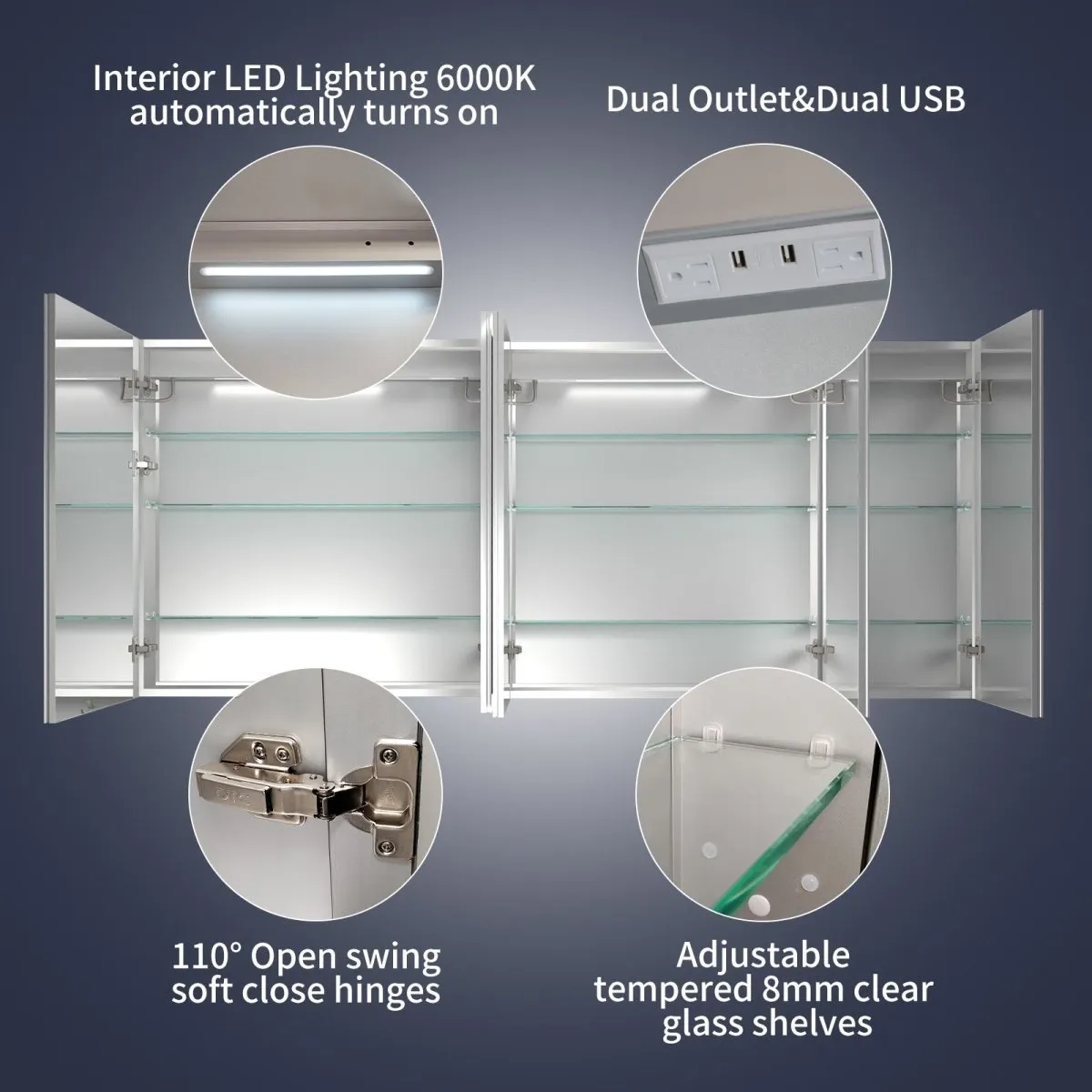 Rim 84" W x 36" H LED Lighted Medicine Cabinet Recessed or Surface with Mirrors,36-48