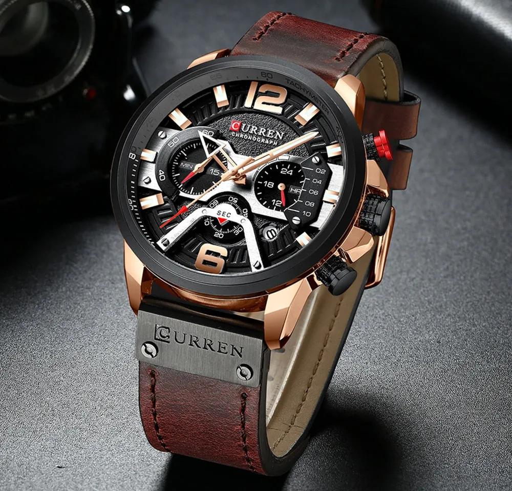 Rose Gold Accented Leather Band Chronograph Wristwatch