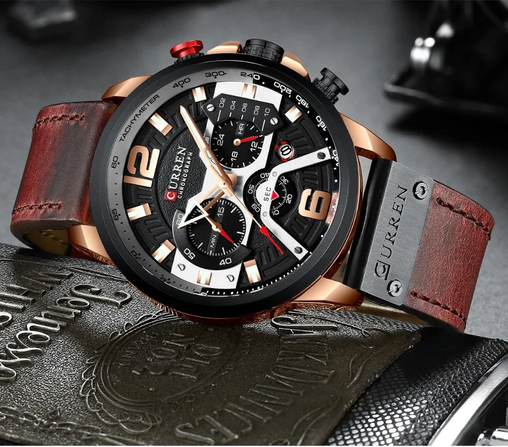 Rose Gold Accented Leather Band Chronograph Wristwatch