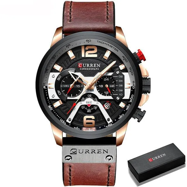 Rose Gold Accented Leather Band Chronograph Wristwatch