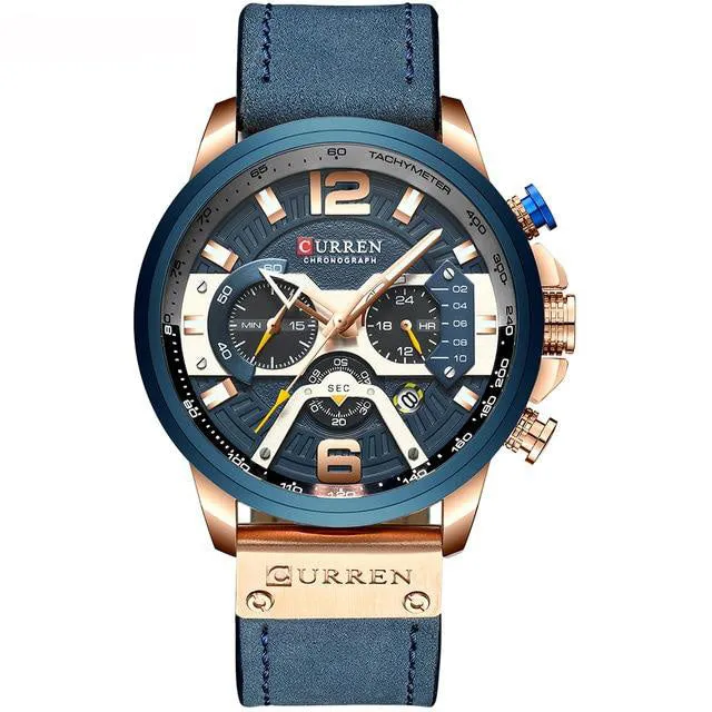 Rose Gold Accented Leather Band Chronograph Wristwatch