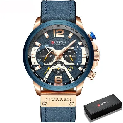 Rose Gold Accented Leather Band Chronograph Wristwatch