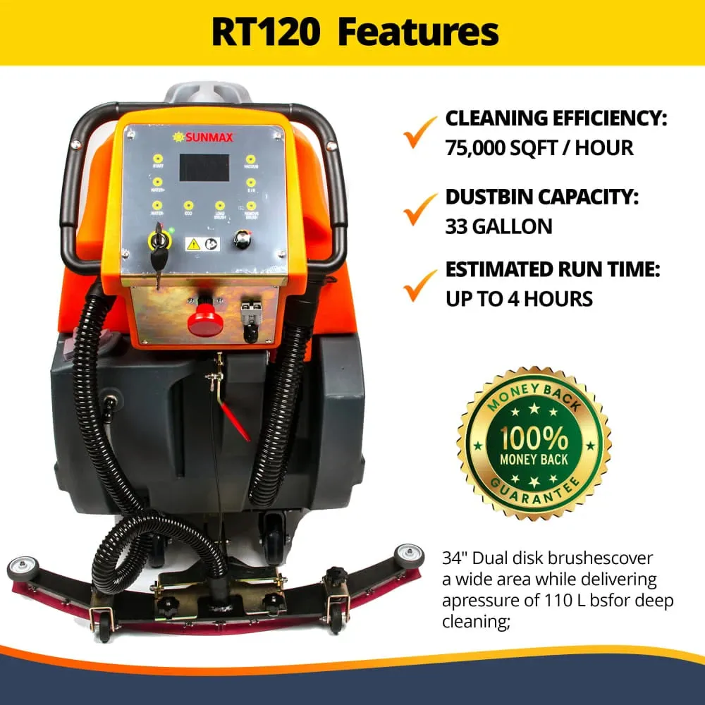 RT120 34" Self-Propelled Floor Scrubber Machine, 33-gal Tank, 75,000 sqft/h | SUNMAX