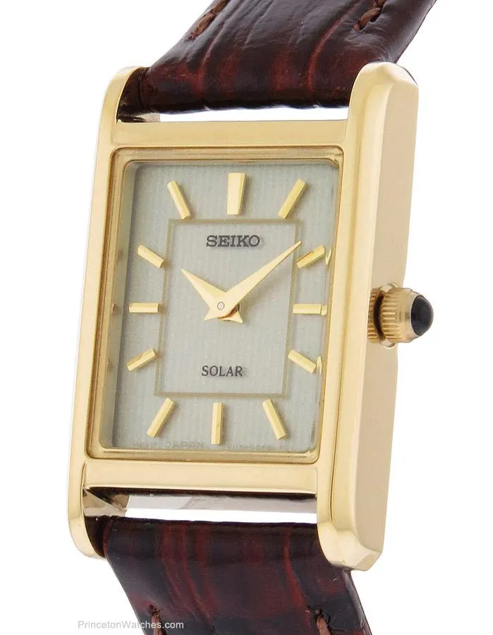 Seiko Ladies Solar Classic Watch - Gold-Tone - Champagne Dial - Brown Leather