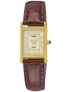 Seiko Ladies Solar Classic Watch - Gold-Tone - Champagne Dial - Brown Leather