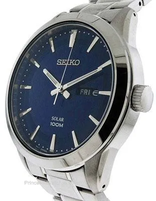 Seiko Mens Sporty Dress Solar Day/Date Watch - Blue Dial - Stainless Steel