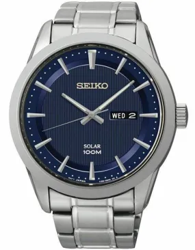 Seiko Mens Sporty Dress Solar Day/Date Watch - Blue Dial - Stainless Steel