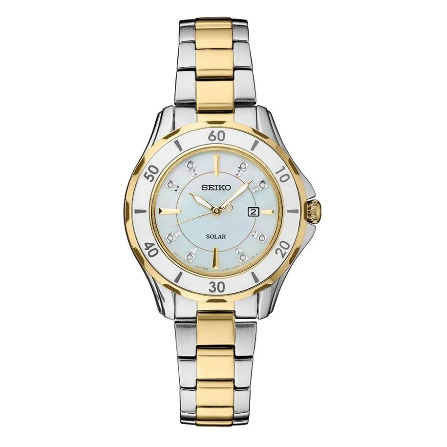 Seiko Solar Ladies Diamond Watch - Two-Tone - Bracelet - Mother of Pearl Dial