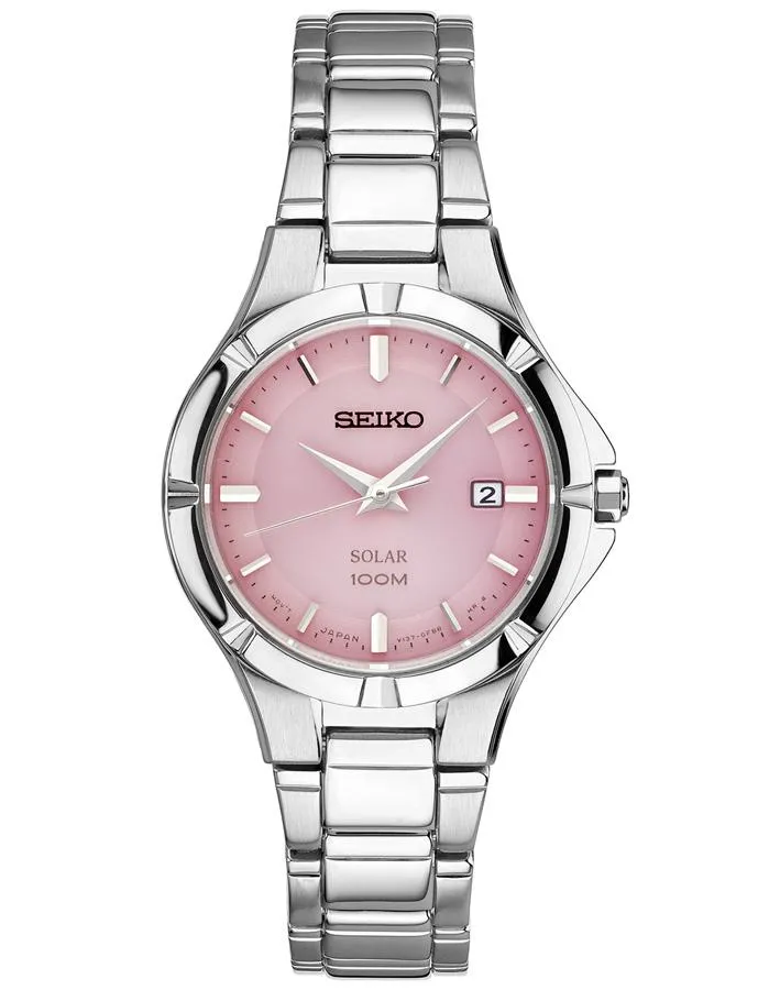 Seiko Solar Ladies Sport Dress Watch - Pink Dial - Stainless - Date - Bracelet