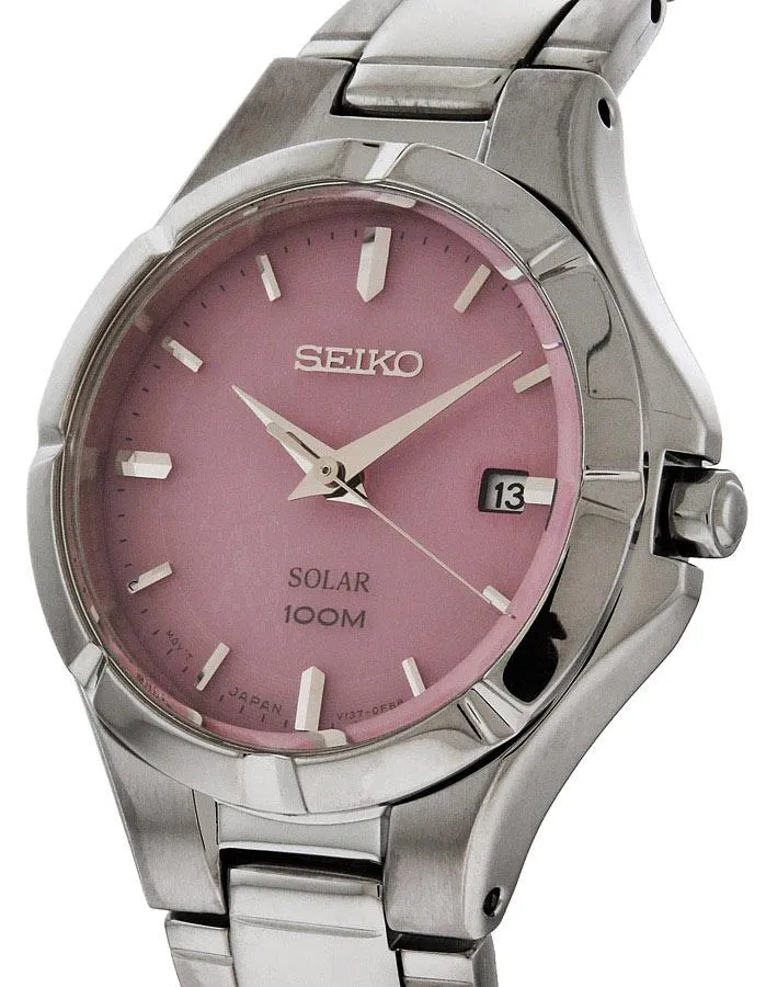 Seiko Solar Ladies Sport Dress Watch - Pink Dial - Stainless - Date - Bracelet