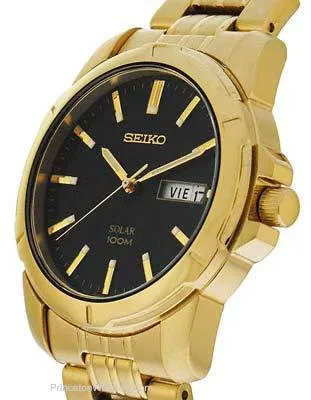 Seiko Solar Mens Gold-Tone Day/Date Watch - Black Dial - 100m