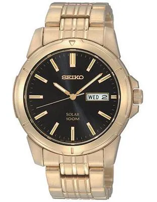 Seiko Solar Mens Gold-Tone Day/Date Watch - Black Dial - 100m