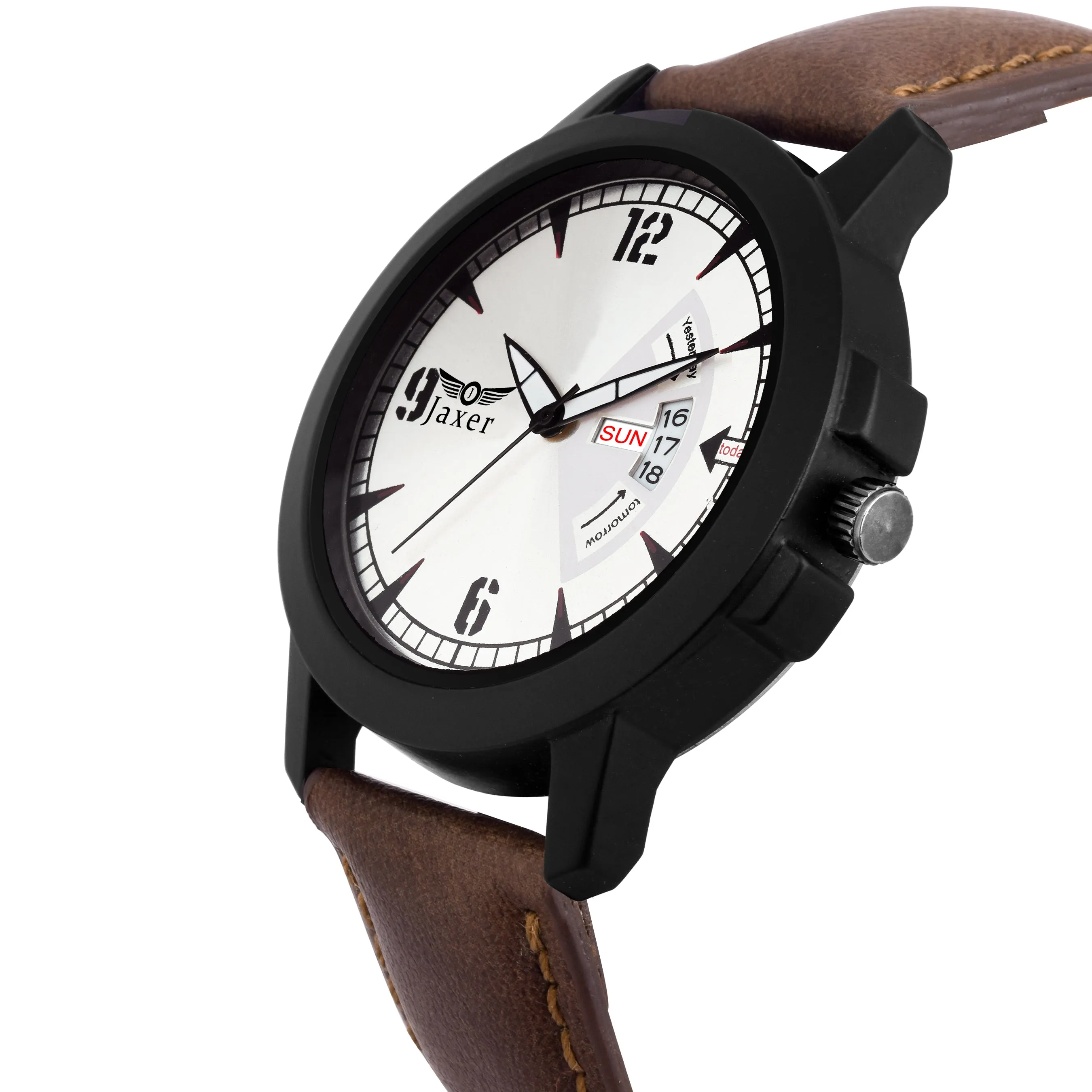 Silver Day & Date Feature Dial Brown Leather Strap Analog Watch For Men - JXRM2113