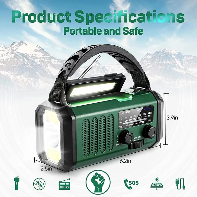 Solar 10000mah Portable Radio Am/Fm Led Flashlight Hand Crank Cell Phone Charger Emergency Radios for Indoor Outdoor Night Light