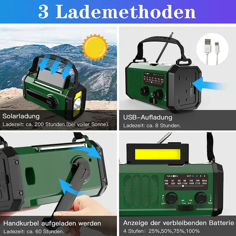 Solar 10000mah Portable Radio Am/Fm Led Flashlight Hand Crank Cell Phone Charger Emergency Radios for Indoor Outdoor Night Light