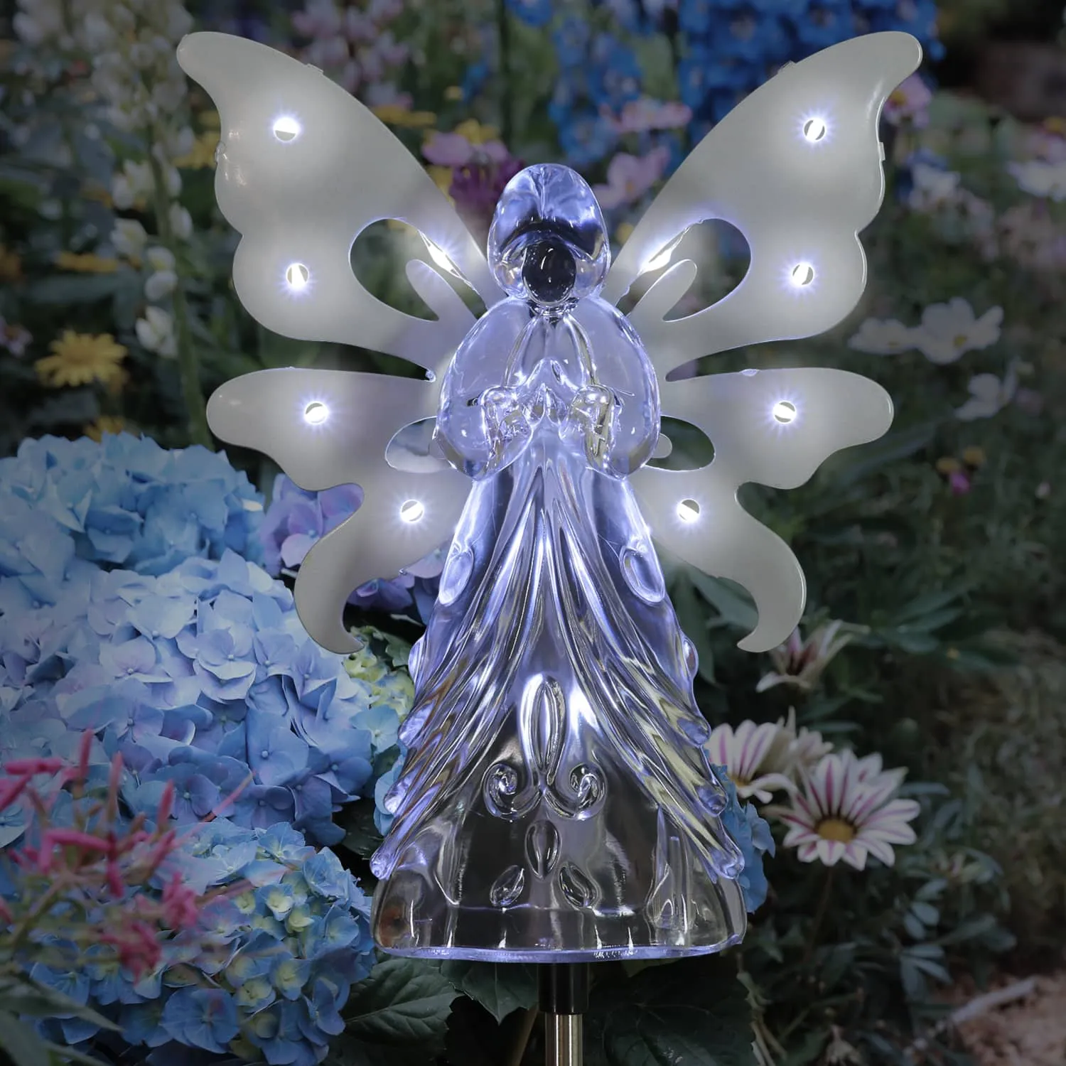 Solar Clear White Acrylic Angel Stake with 13 LEDs, 6 Inch Body Size