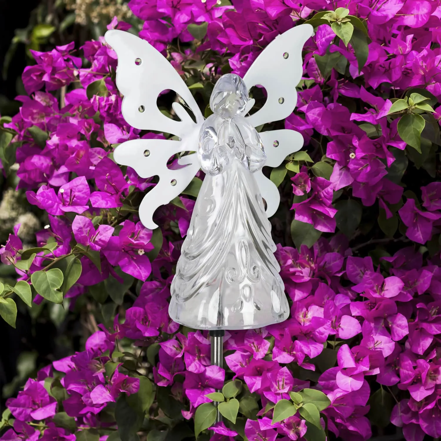 Solar Clear White Acrylic Angel Stake with 13 LEDs, 6 Inch Body Size