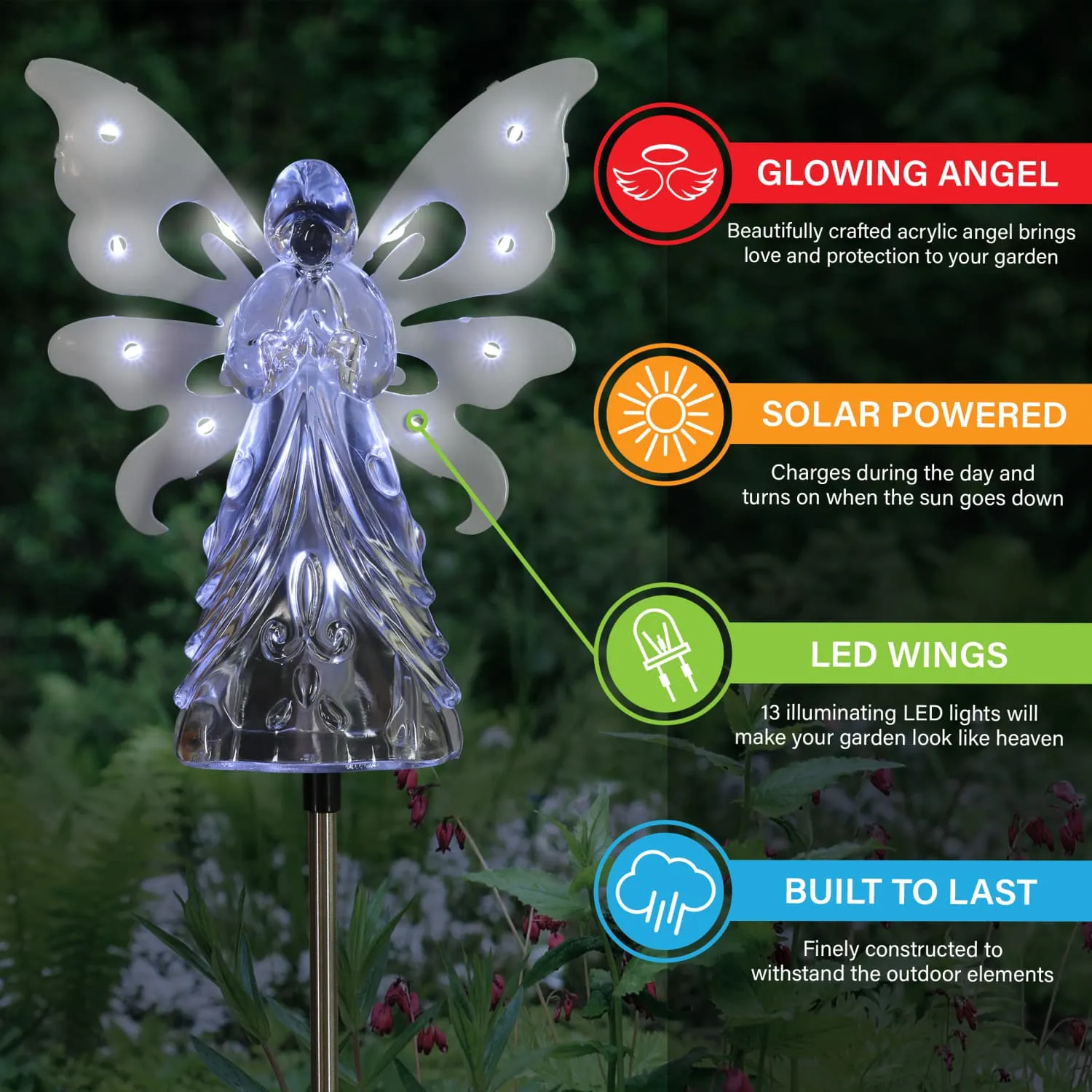 Solar Clear White Acrylic Angel Stake with 13 LEDs, 6 Inch Body Size