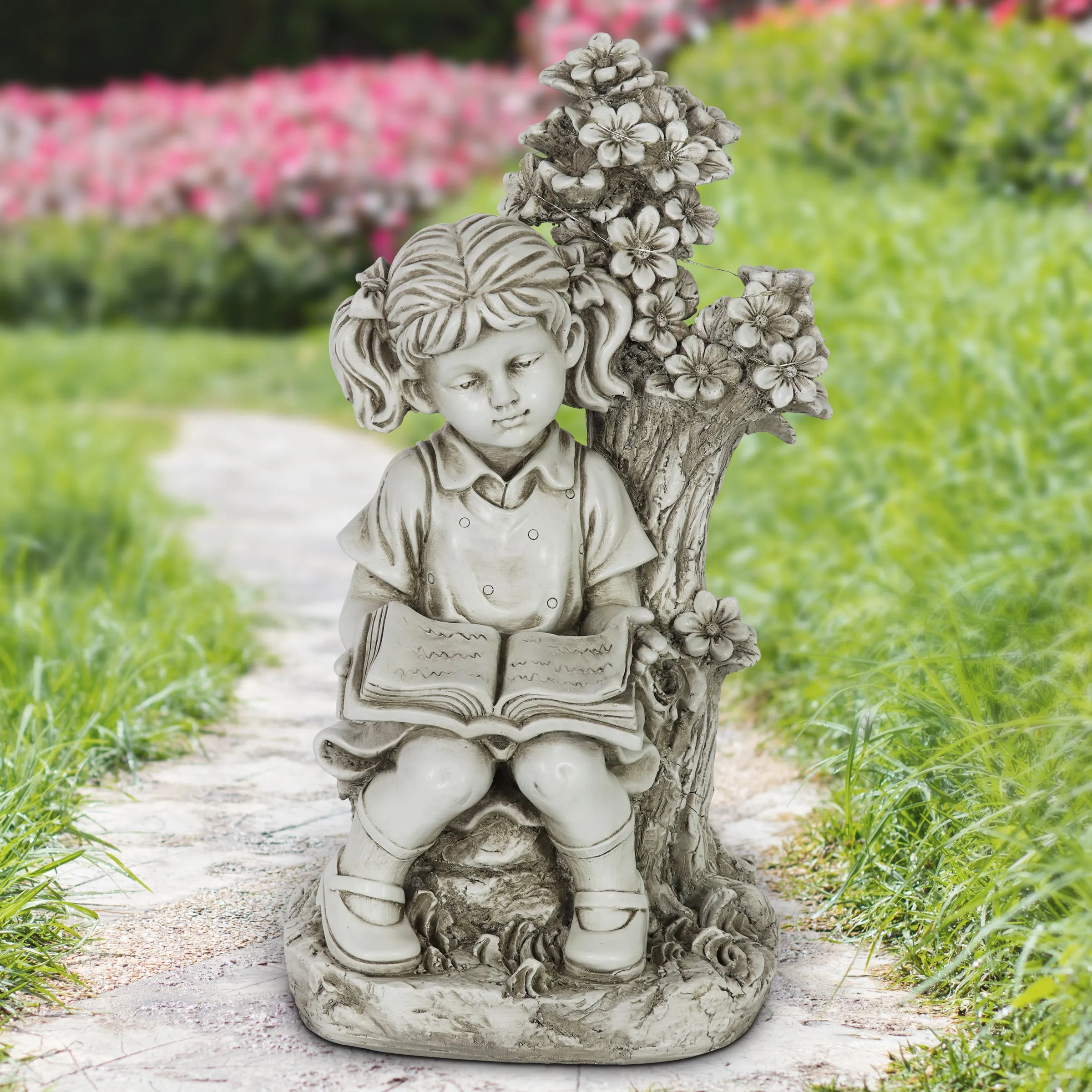 Solar Girl Reading Under a Tree Statue in Natural Resin Finish, 19 Inch