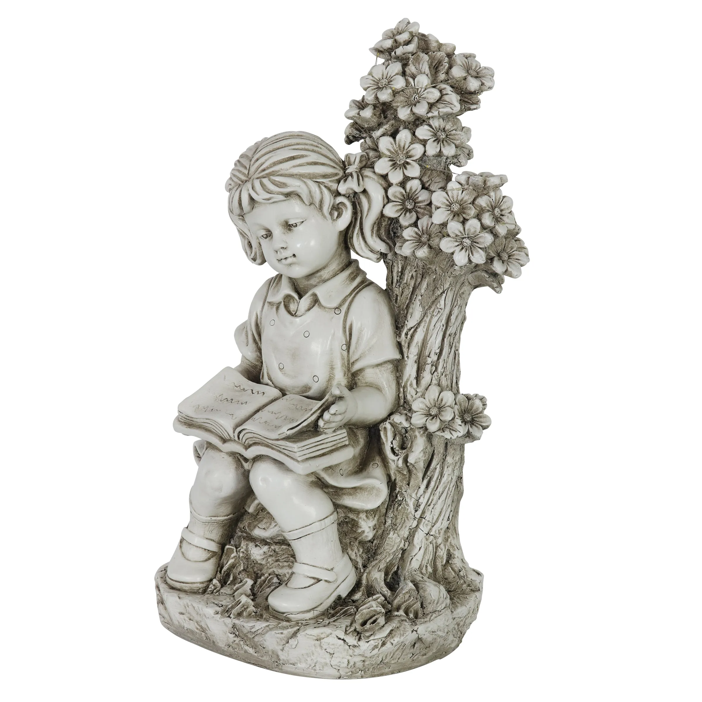 Solar Girl Reading Under a Tree Statue in Natural Resin Finish, 19 Inch