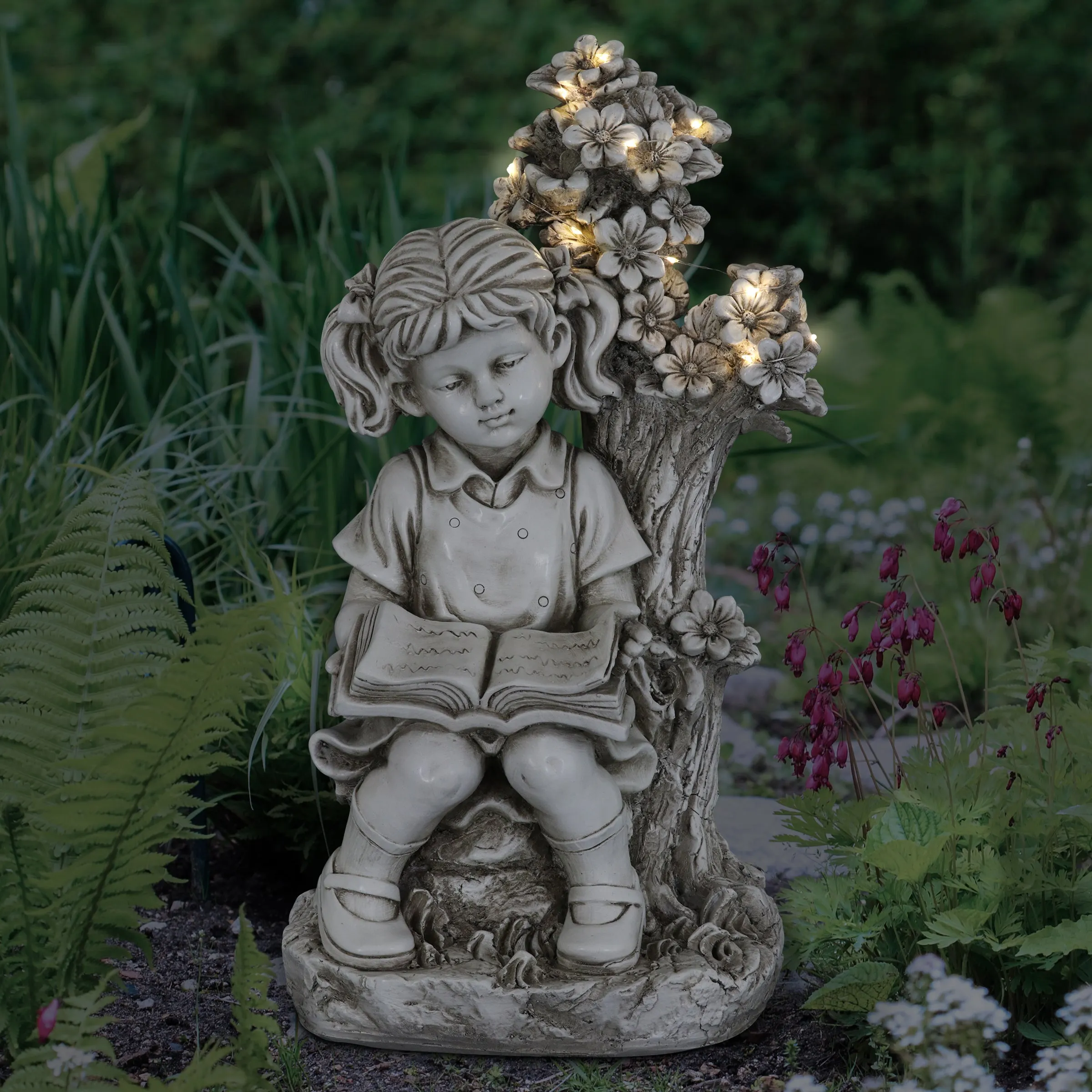 Solar Girl Reading Under a Tree Statue in Natural Resin Finish, 19 Inch