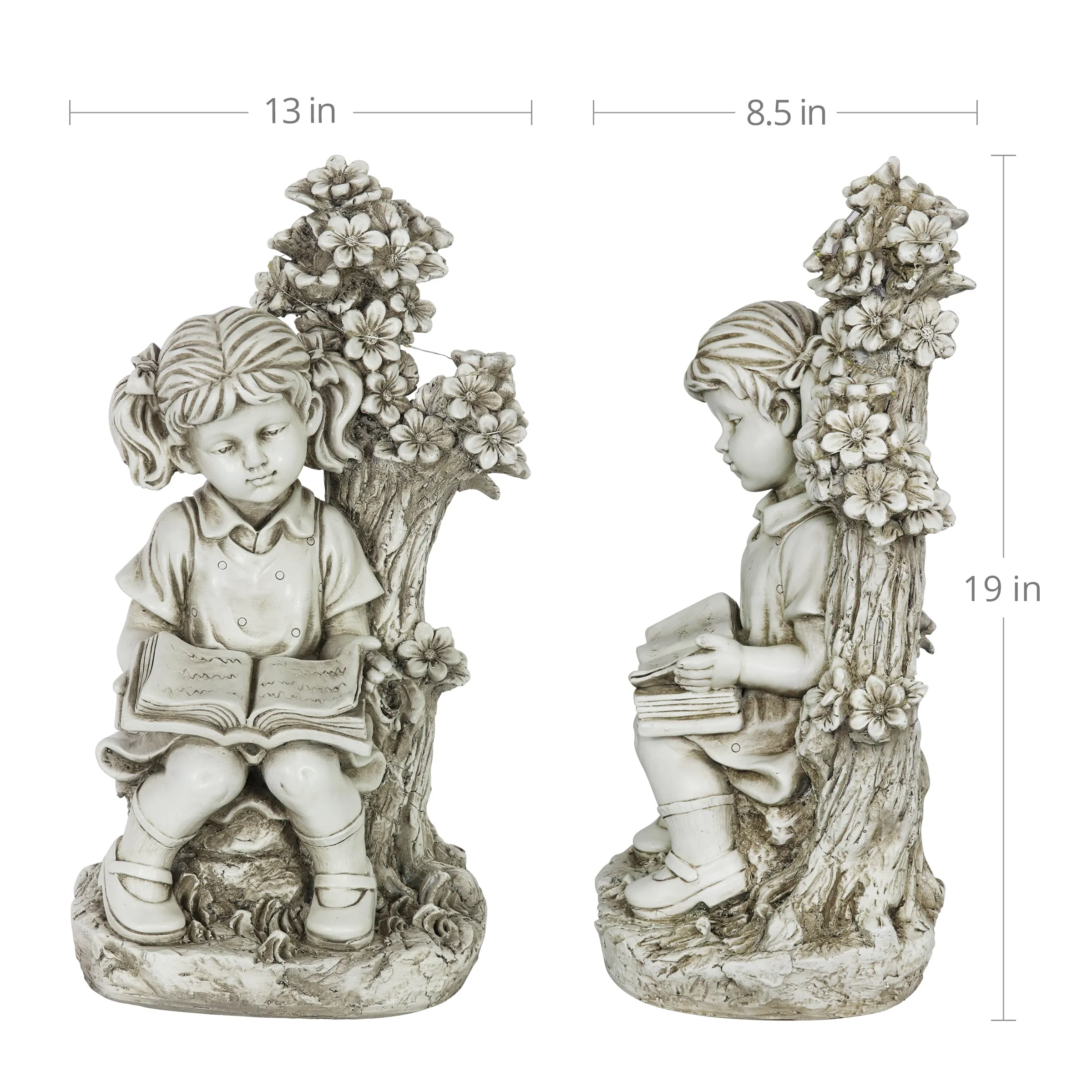 Solar Girl Reading Under a Tree Statue in Natural Resin Finish, 19 Inch